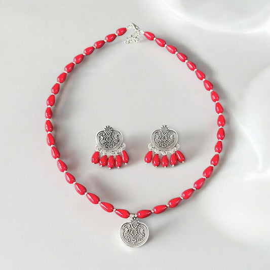 Silver Pomegranate Dangle Drop Earrings with Coral Gemstones