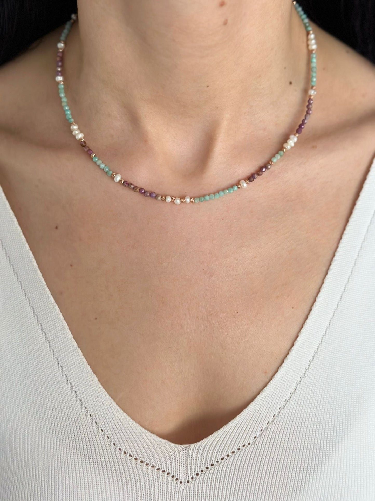 Lilith Gemstone Necklace featuring Lepidolite, Amazonite, and Freshwater Pearls