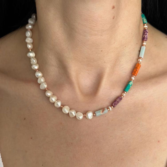 Close-up of Liza Necklace with Variscite, Hematite, and Pearl - Rose Gold Plated Silver worn by a model