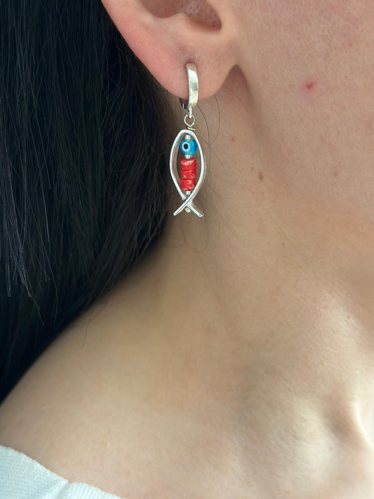 Bonito Red Fish Earrings with Variscite and Evil Eye Glass Bead