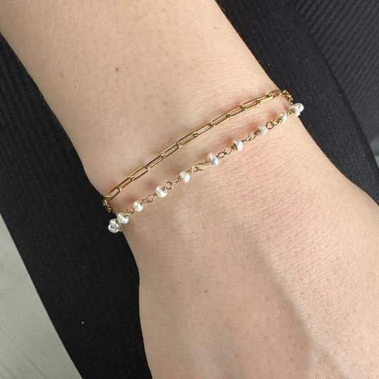 Double Layer Pearl and Silver Paperclip Chain Bracelet