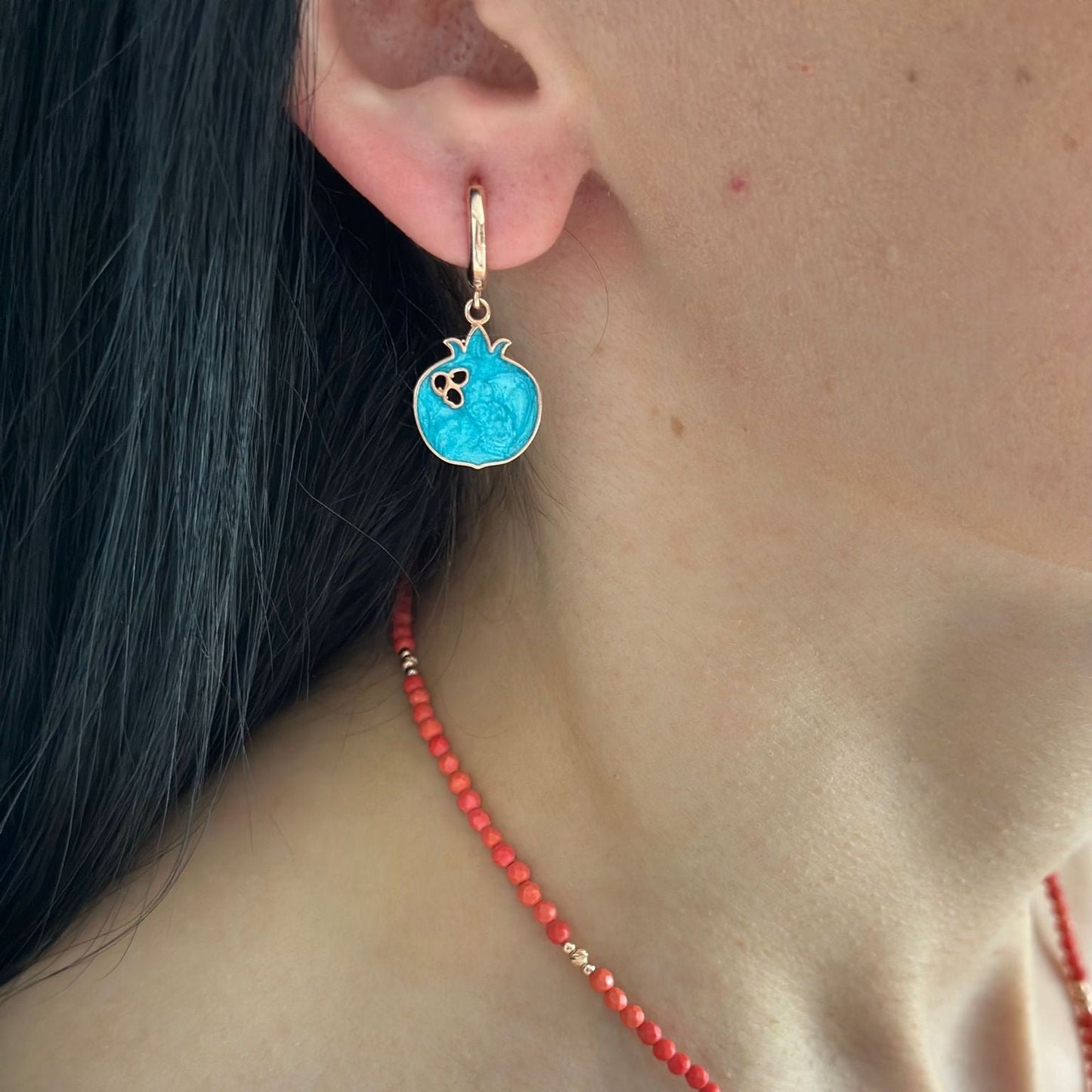 Close-up of Nar Red Coral Gemstone Necklace and Earrings Set with pomegranate-shaped earrings