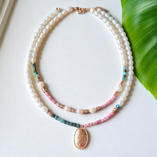 Gemstone and Pearls Necklace with Silver Pendant