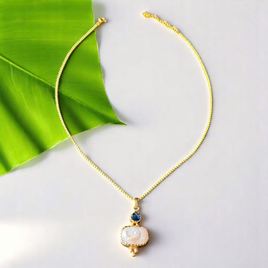 Pearl and Kyanite Pendant Chain Necklace in 925 Sterling Silver