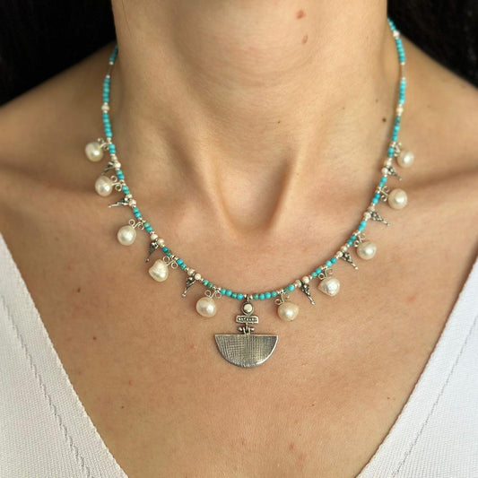 Selena Turquoise Necklace and Earrings Set with Pearl Accents