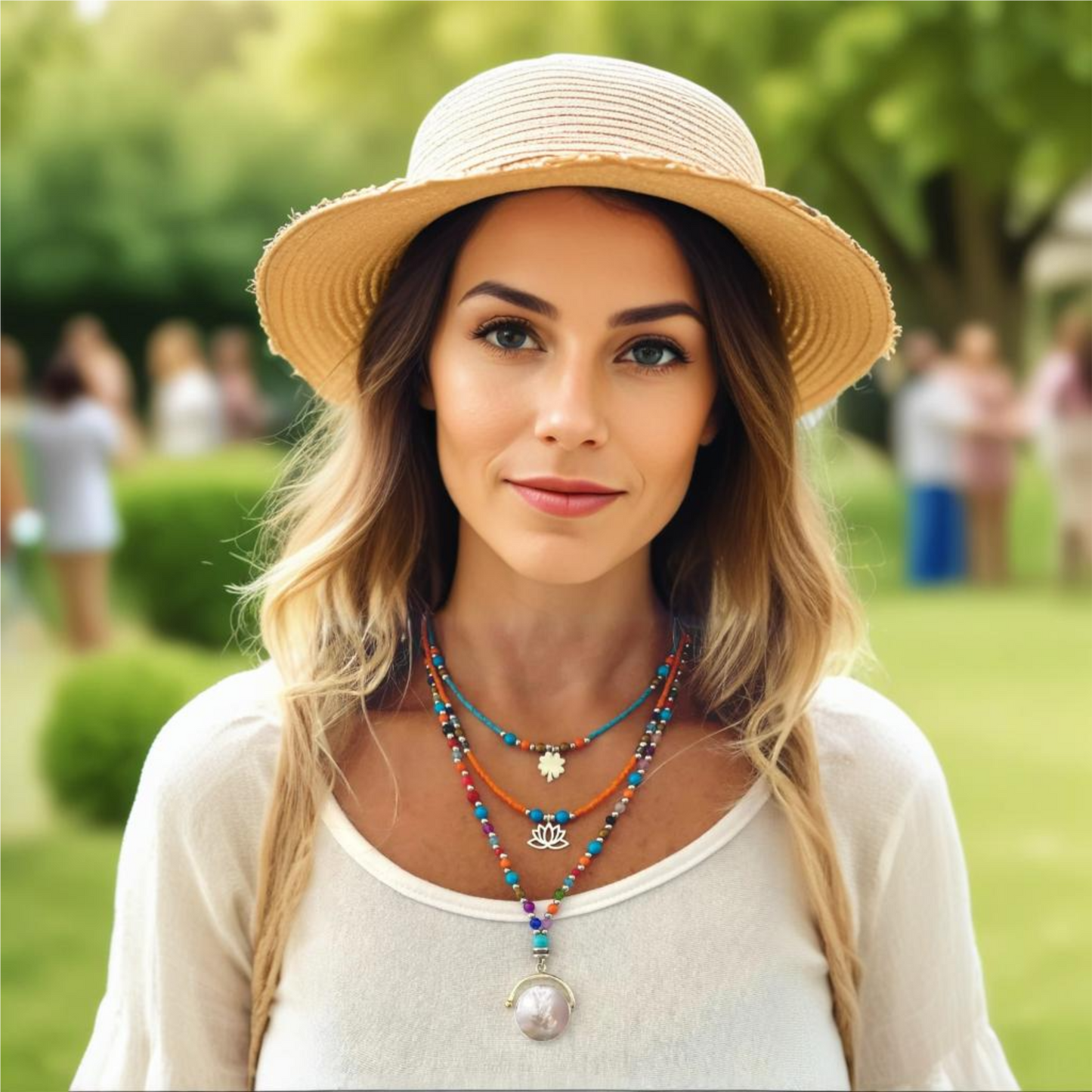 Person wearing three gemstone and silver necklaces outdoors, featuring detailed pendants and colourful beads.