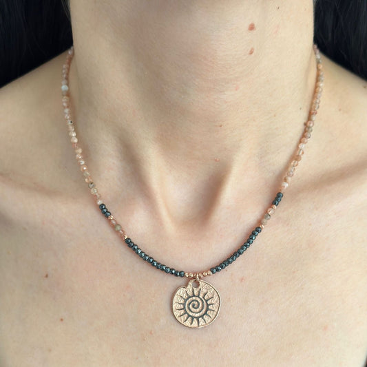 Sun Necklace with Sunstone Gemstone and Hematite in 925 Sterling Silver Rose Gold Plated worn on a neck