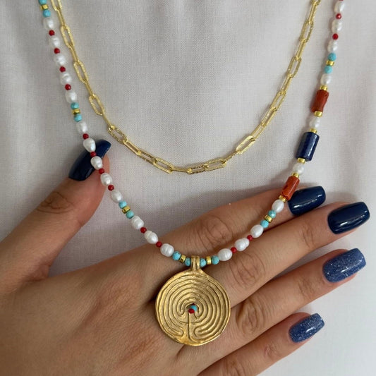 The Labyrinth Silver Pearl and Gemstone Necklace 14K Gold Plated