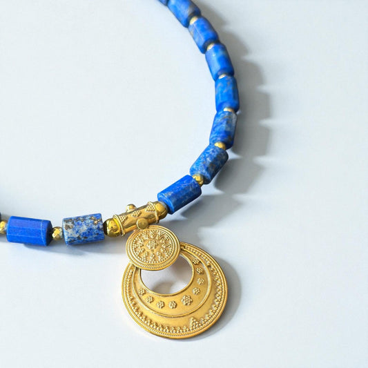Lapis Lazuli Necklace with Gold Plated Ancient-Inspired Pendant