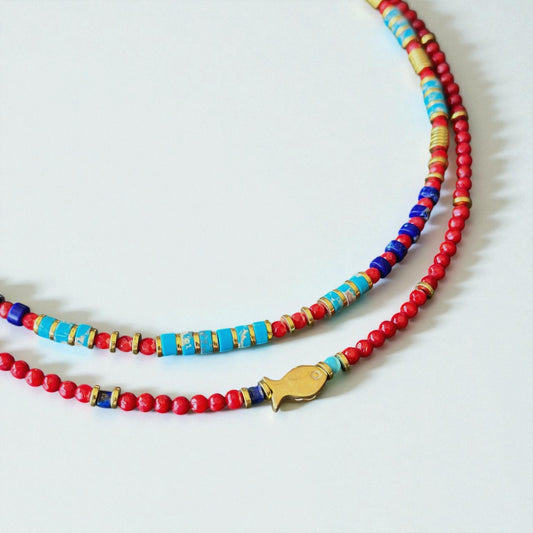 Gemstone Layered Necklace Set with Gold Fish Charm