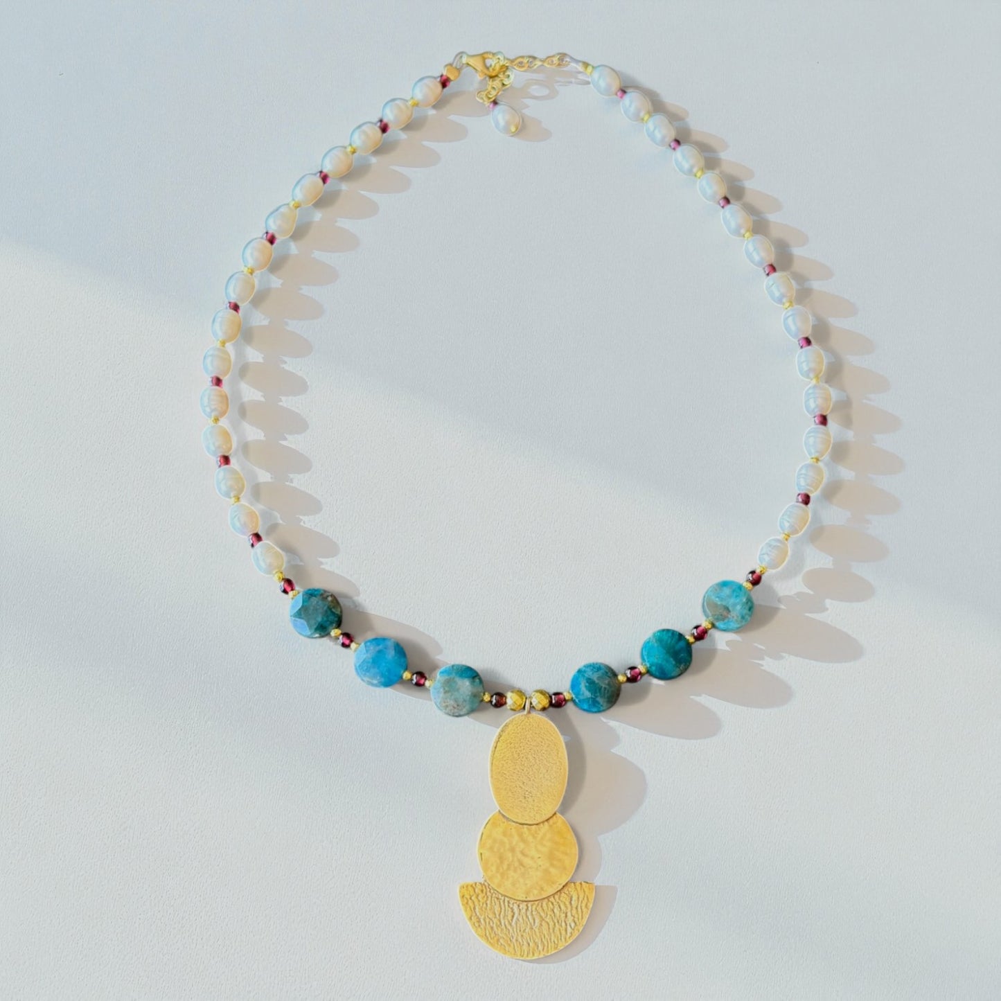 Apatite, Garnet & Pearl Necklace with Textured Gold Pendant