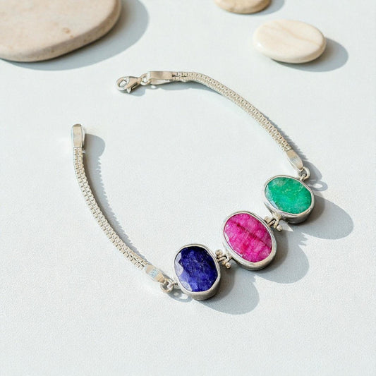 Ruby, Emerald & Lapis Lazuli Bracelet – Sterling Silver Gemstone Trio