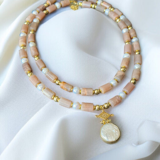 Sunstone & Pearl Layered Necklace Set