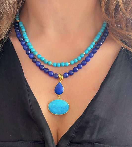 Elegant necklace featuring turquoise and lapis lazuli gemstones in a double-strand design with a pendant centrepiece.