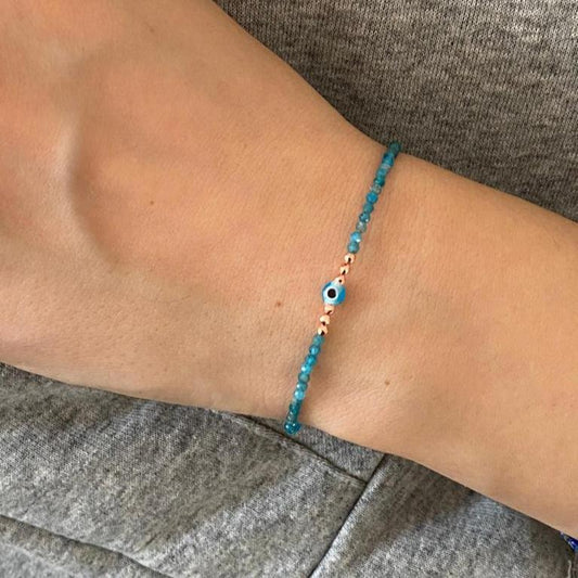Apatite Gemstone Bracelet with Mini Evil Eye Charm