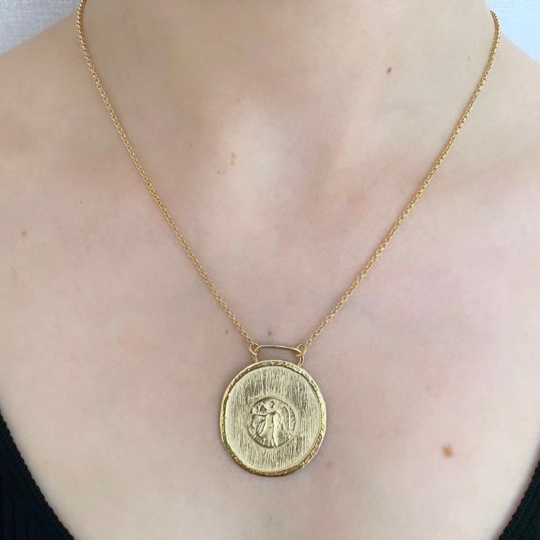 Angel Big Plate 925 Sterling Silver 14K Gold Plated Necklace