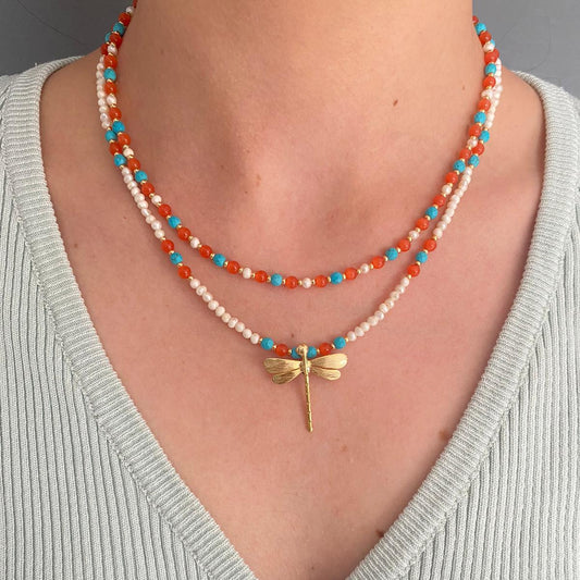 Gemstone and Pearls Silver Necklace Set