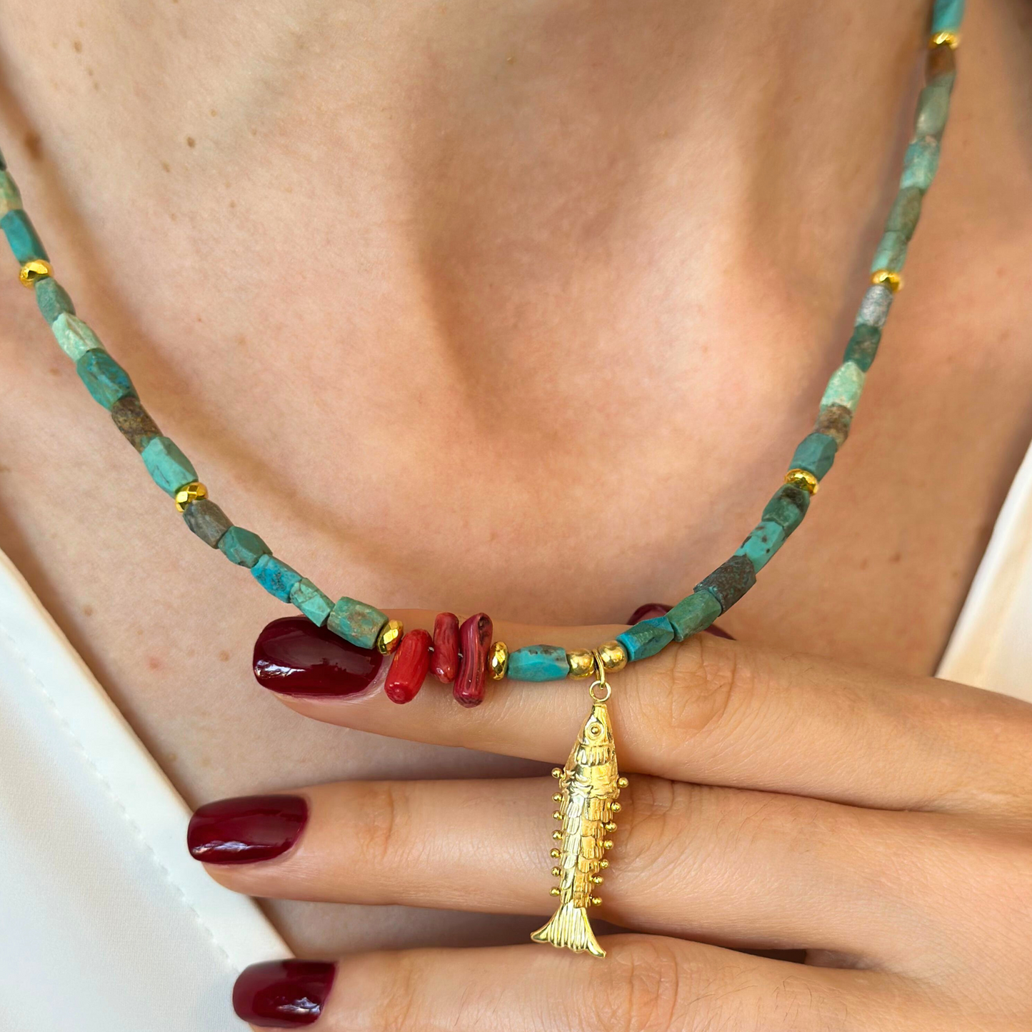 Turquoise Necklace with Fish Pendant Silver Gold Plated