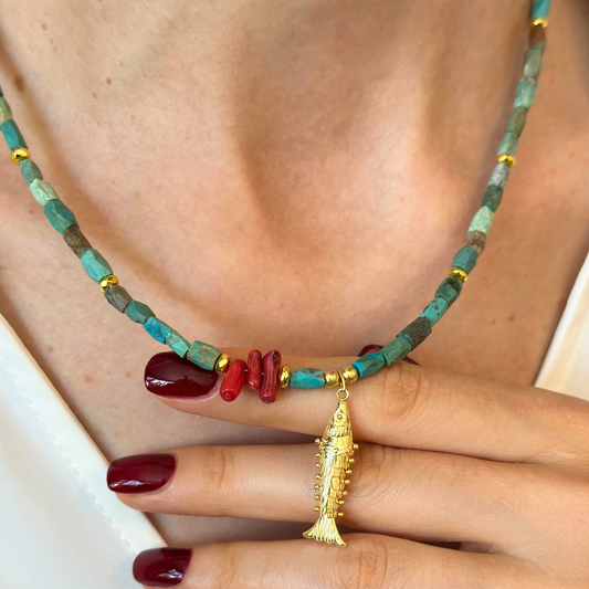 Turquoise Necklace with Fish Pendant Silver Gold Plated