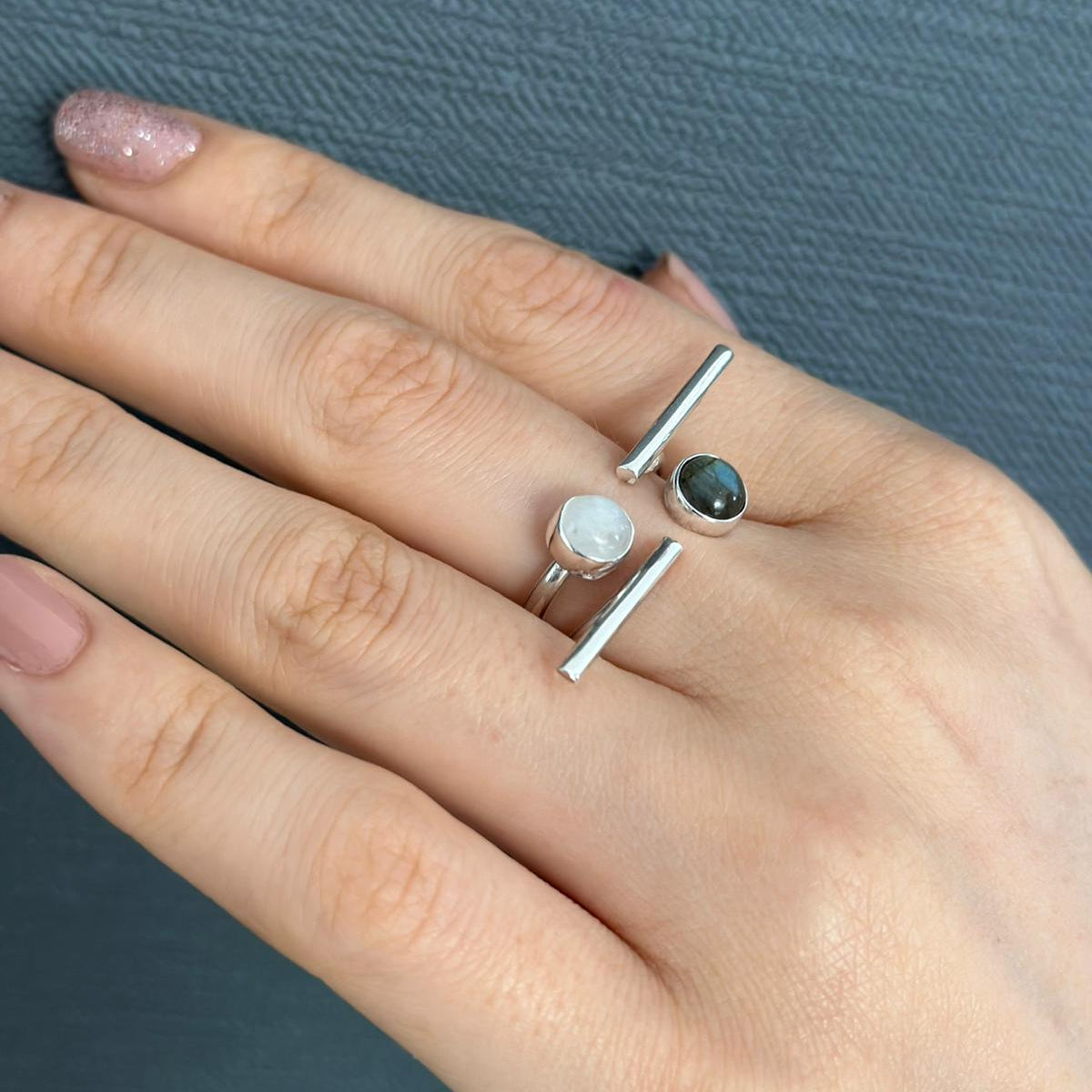 Labradorite and Moonstone Two Finger Ring in Sterling Silver