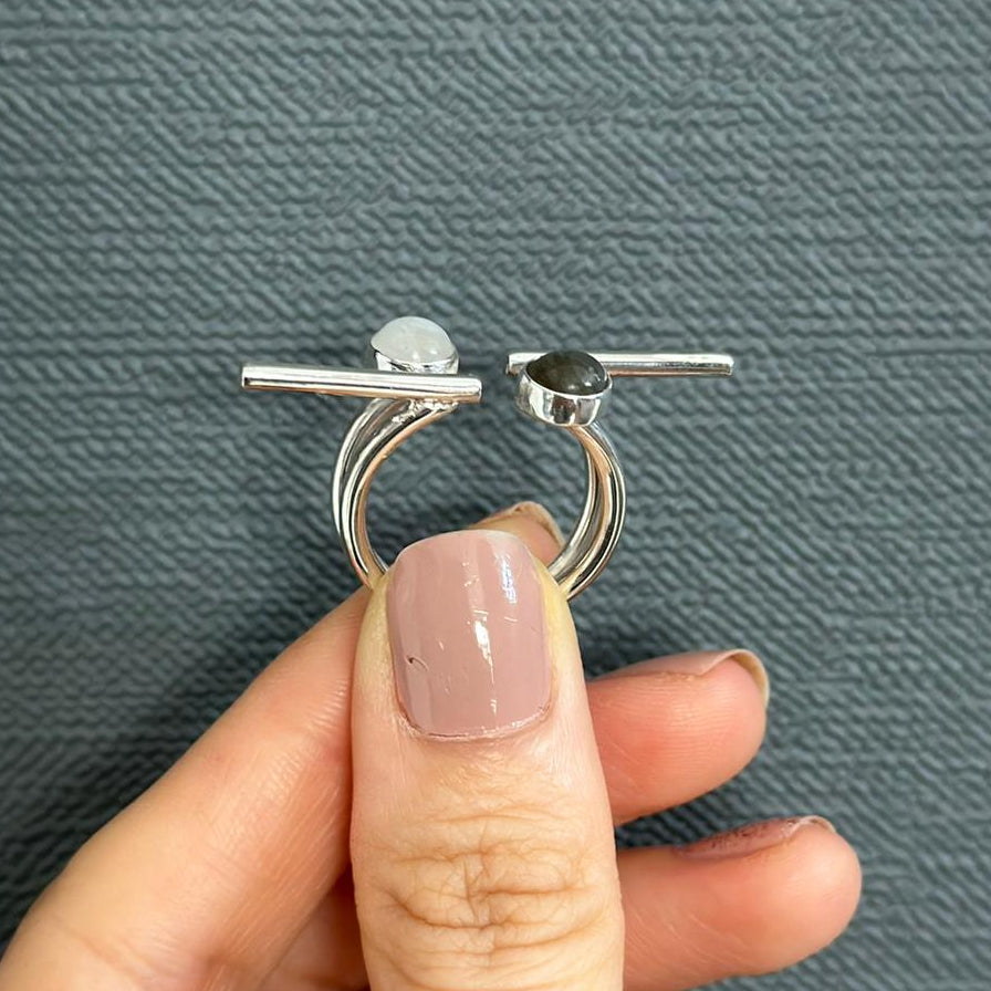 Labradorite and Moonstone Two Finger Ring in Sterling Silver