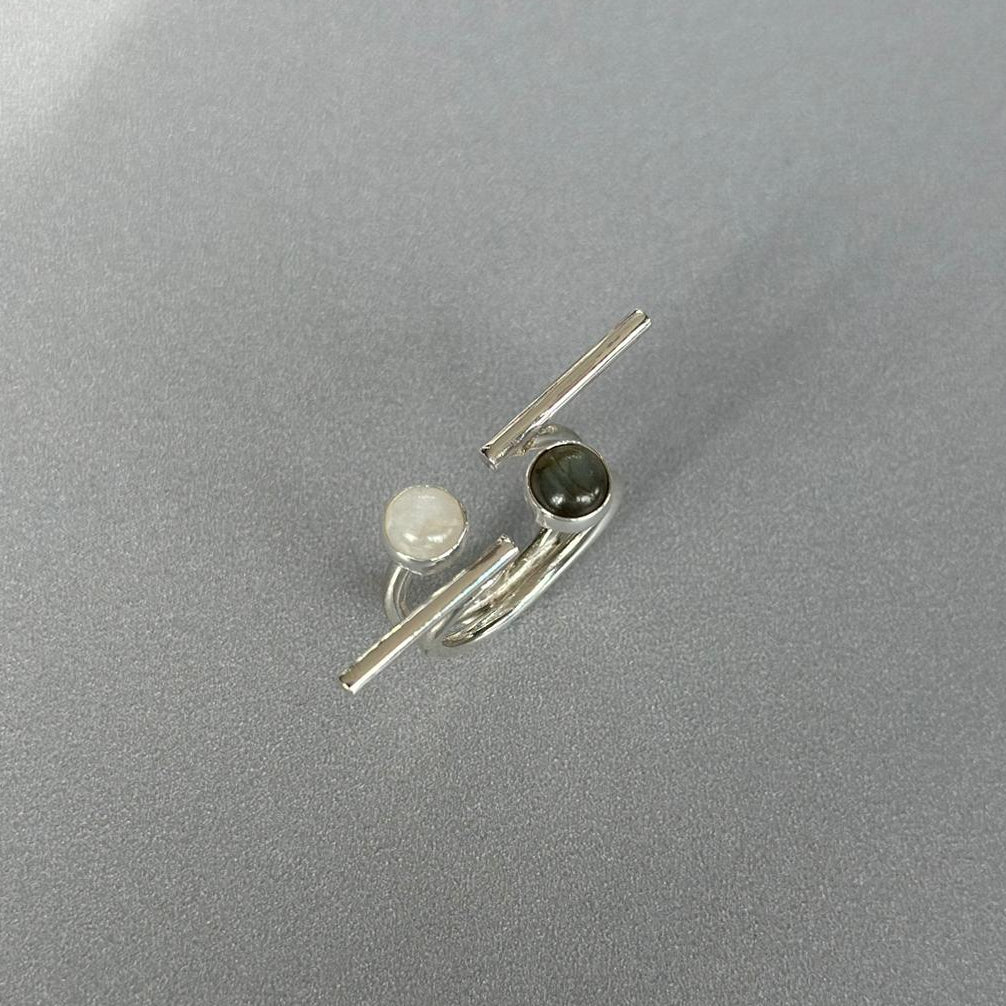Labradorite and Moonstone Two Finger Ring in Sterling Silver