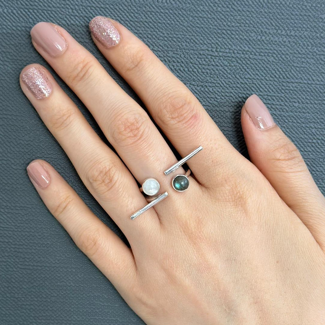 Labradorite and Moonstone Two Finger Ring in Sterling Silver