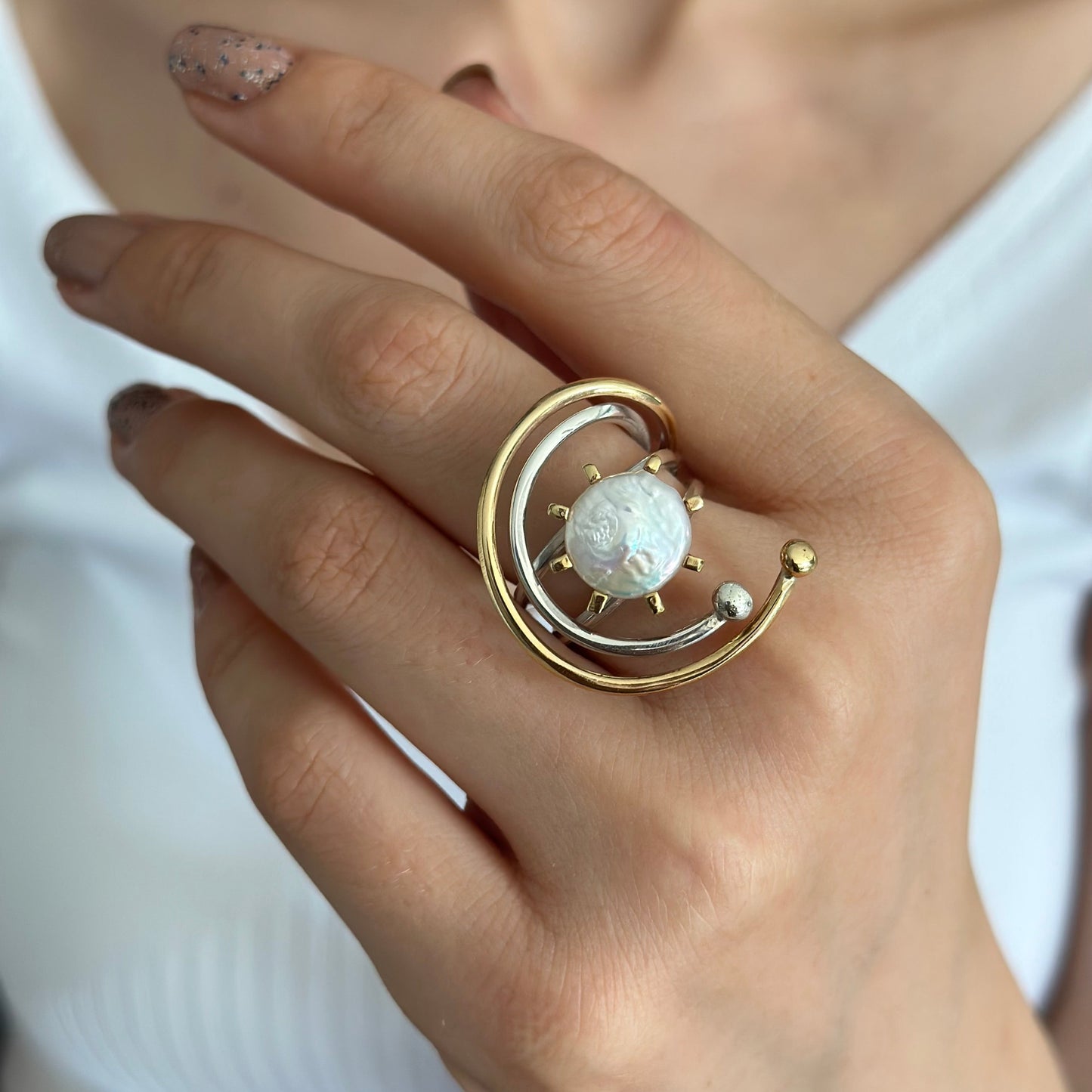 Two Tones Silver Ring with Baroque Pearl