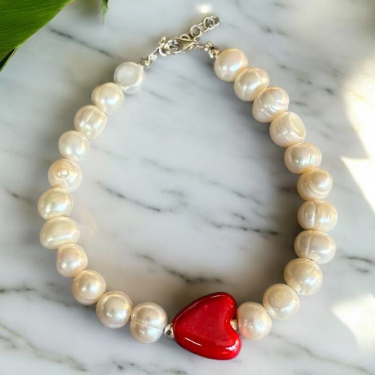 Freshwater Pearl Bracelet with Red Glass Heart