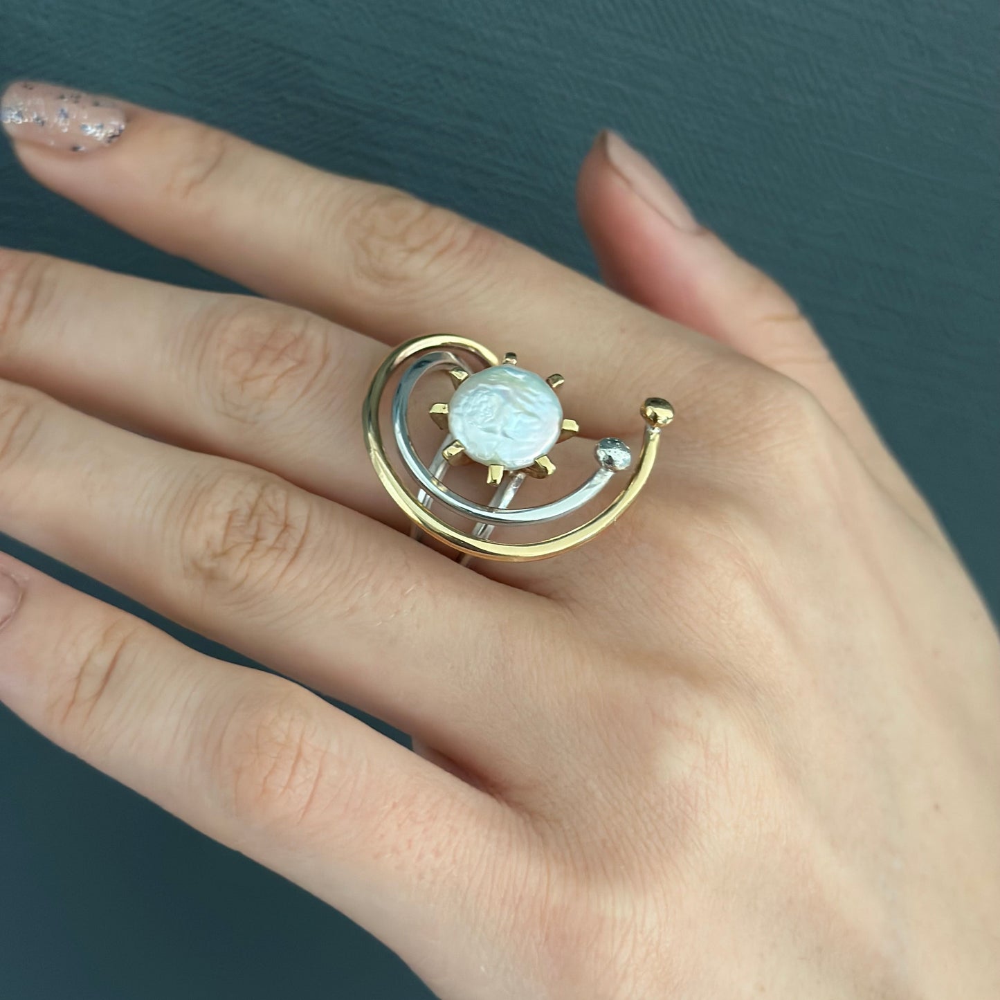 Two Tones Silver Ring with Baroque Pearl