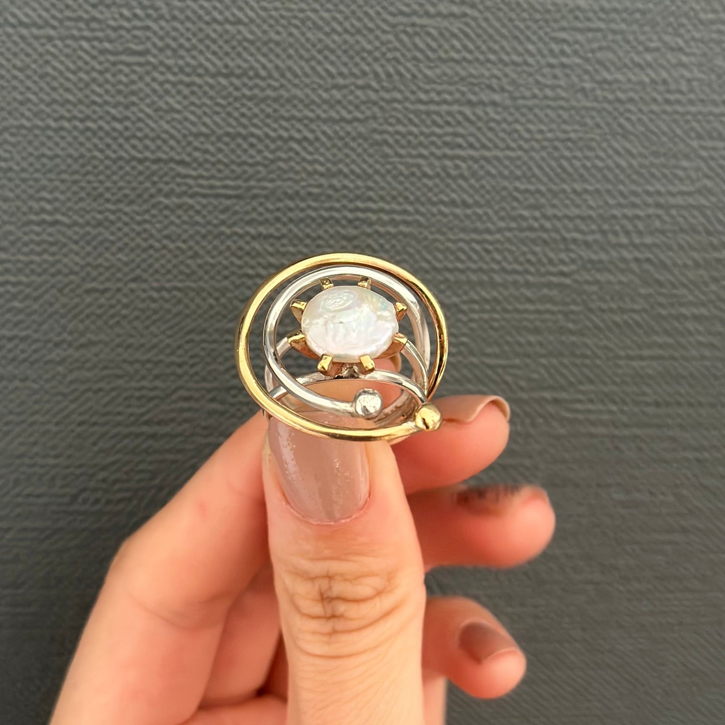 Two Tones Silver Ring with Baroque Pearl