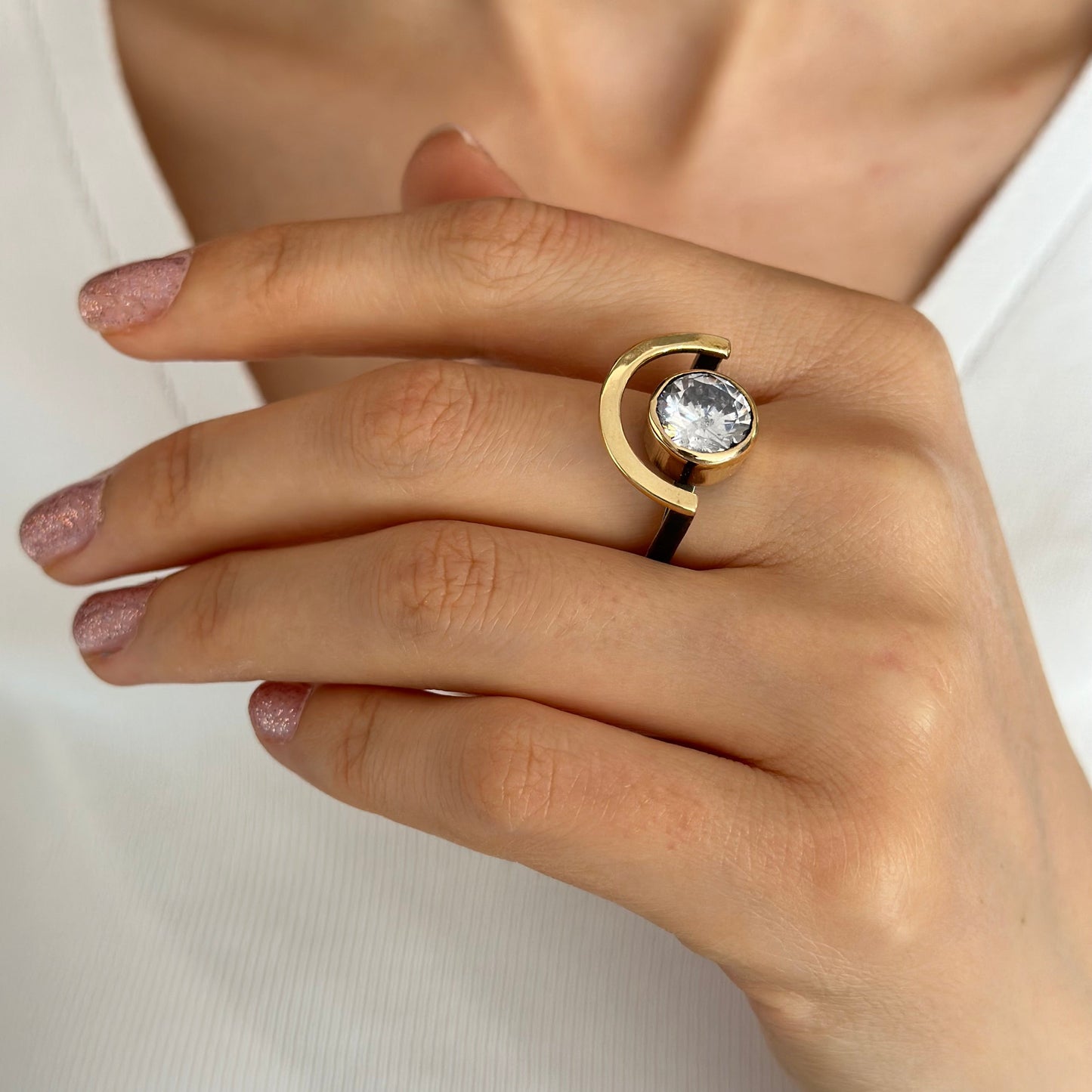 Two Tones Silver Ring with Zirconium