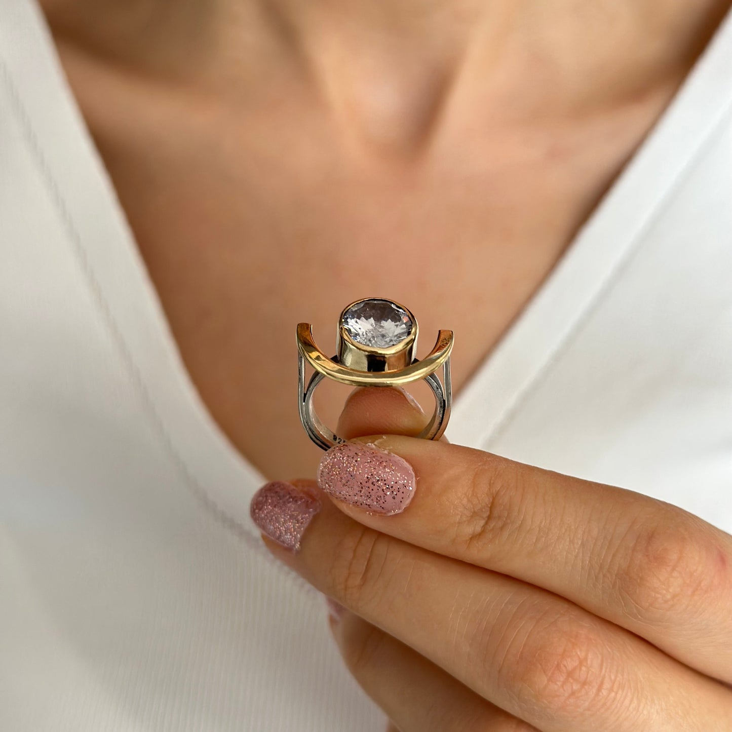 Two Tones Silver Ring with Zirconium