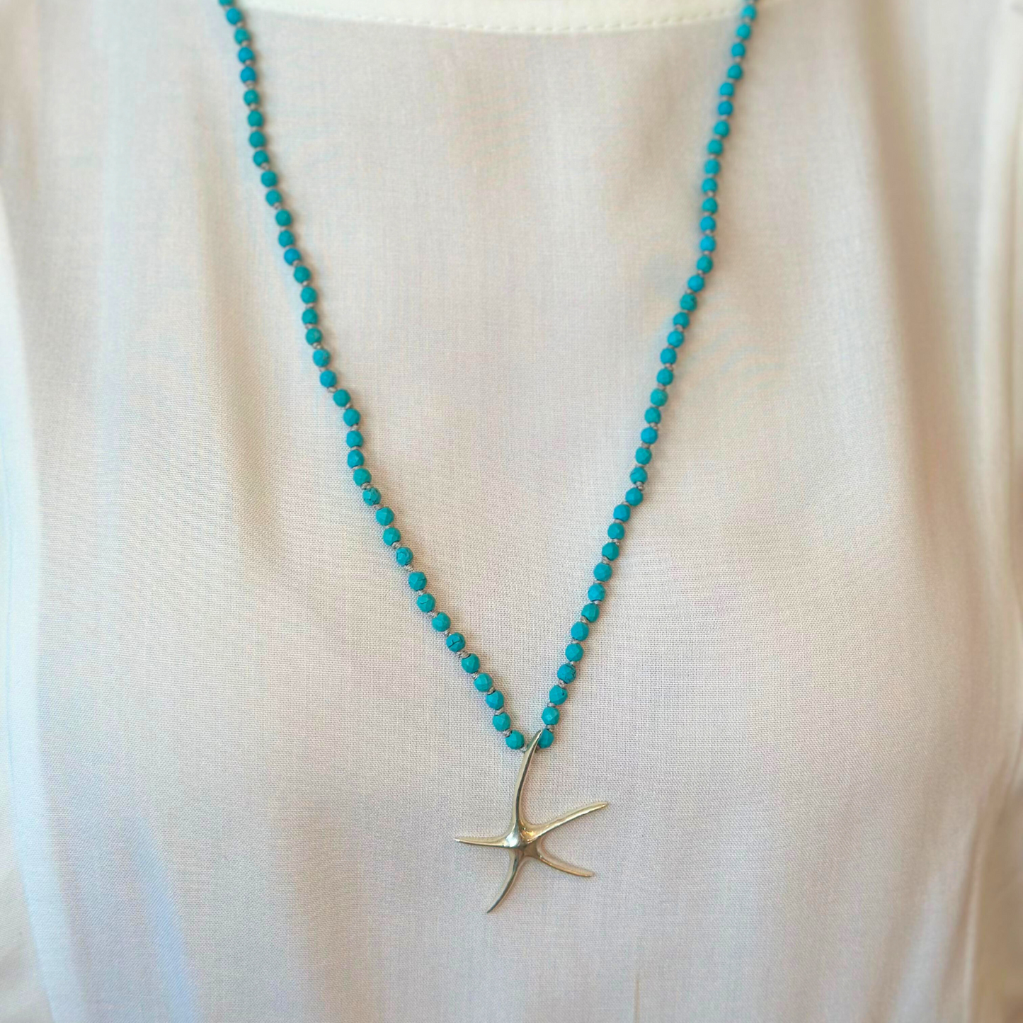 Turquoise Knot Necklace with Silver Starfish Pendant