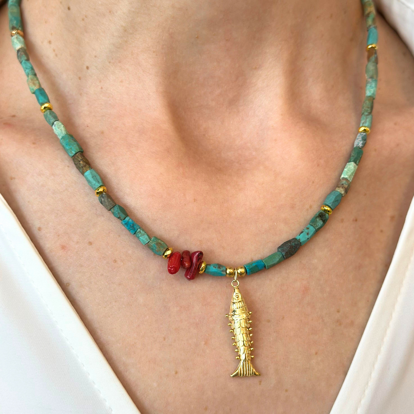 Turquoise Necklace with Fish Pendant Silver Gold Plated