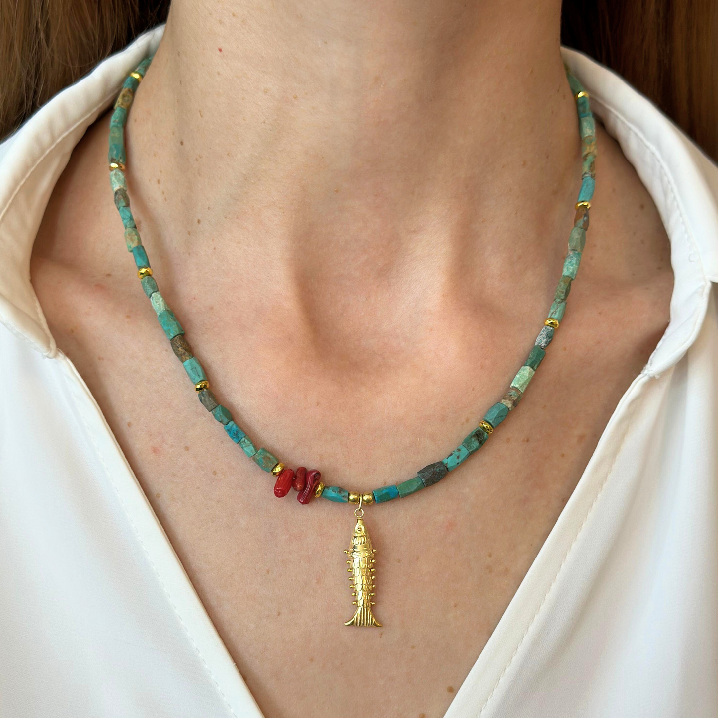 Turquoise Necklace with Fish Pendant Silver Gold Plated
