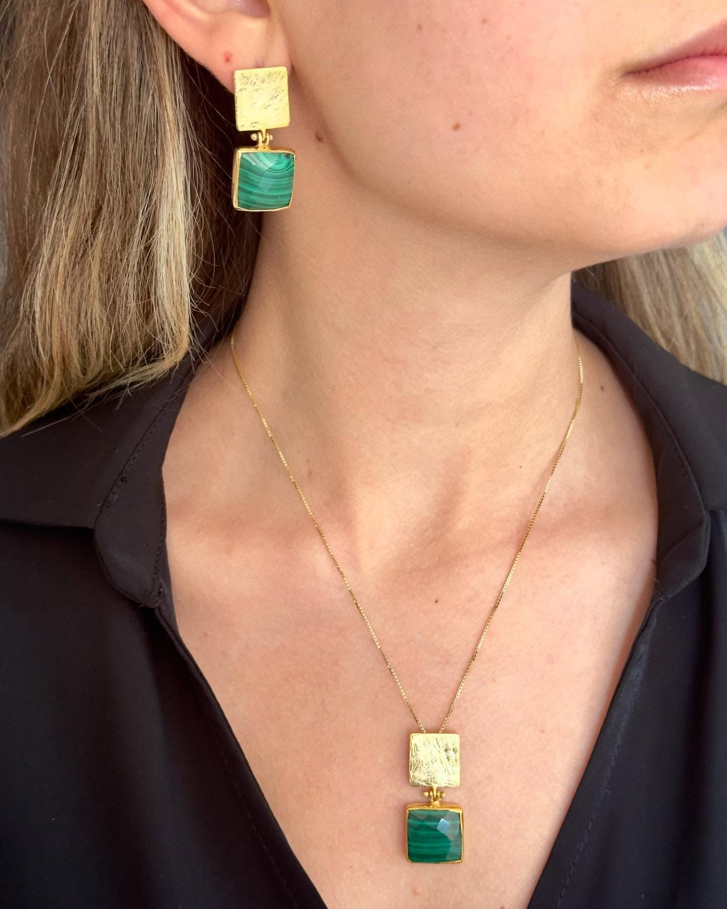 Malachite Square Drop Earrings in Sterling Silver Gold Plated