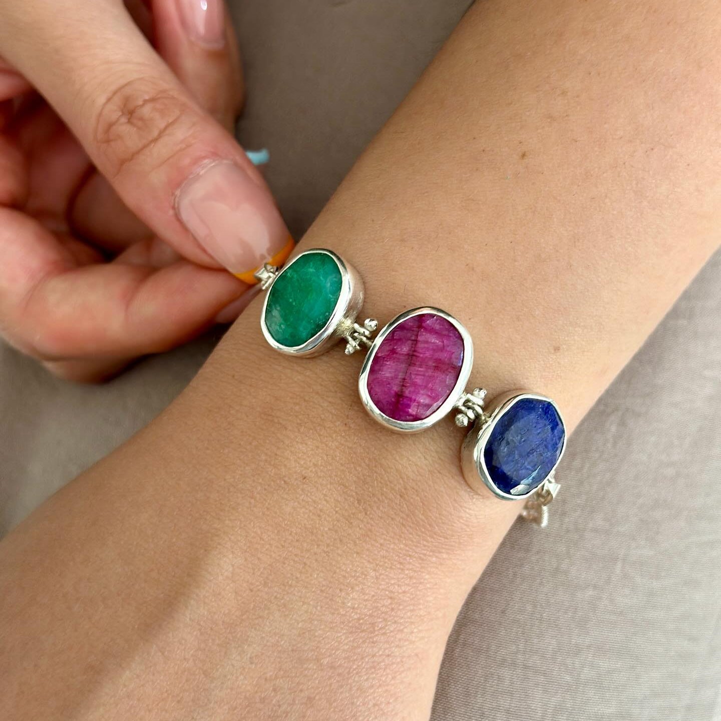 Ruby, Emerald & Lapis Lazuli Bracelet – Sterling Silver Gemstone Trio