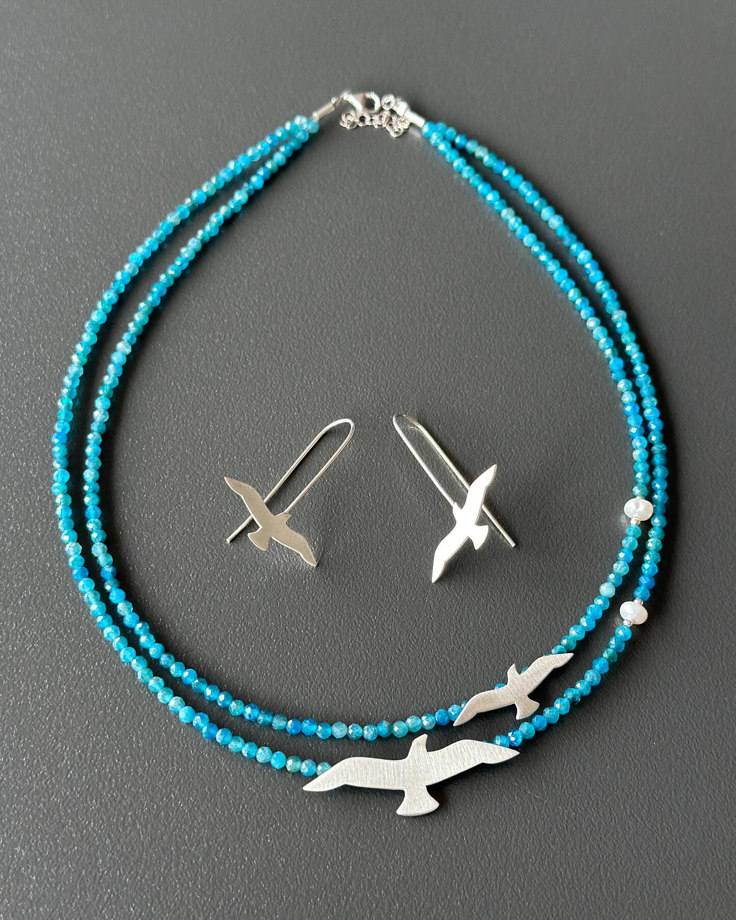 Silver Seagull Earrings and Necklace Set Apatite