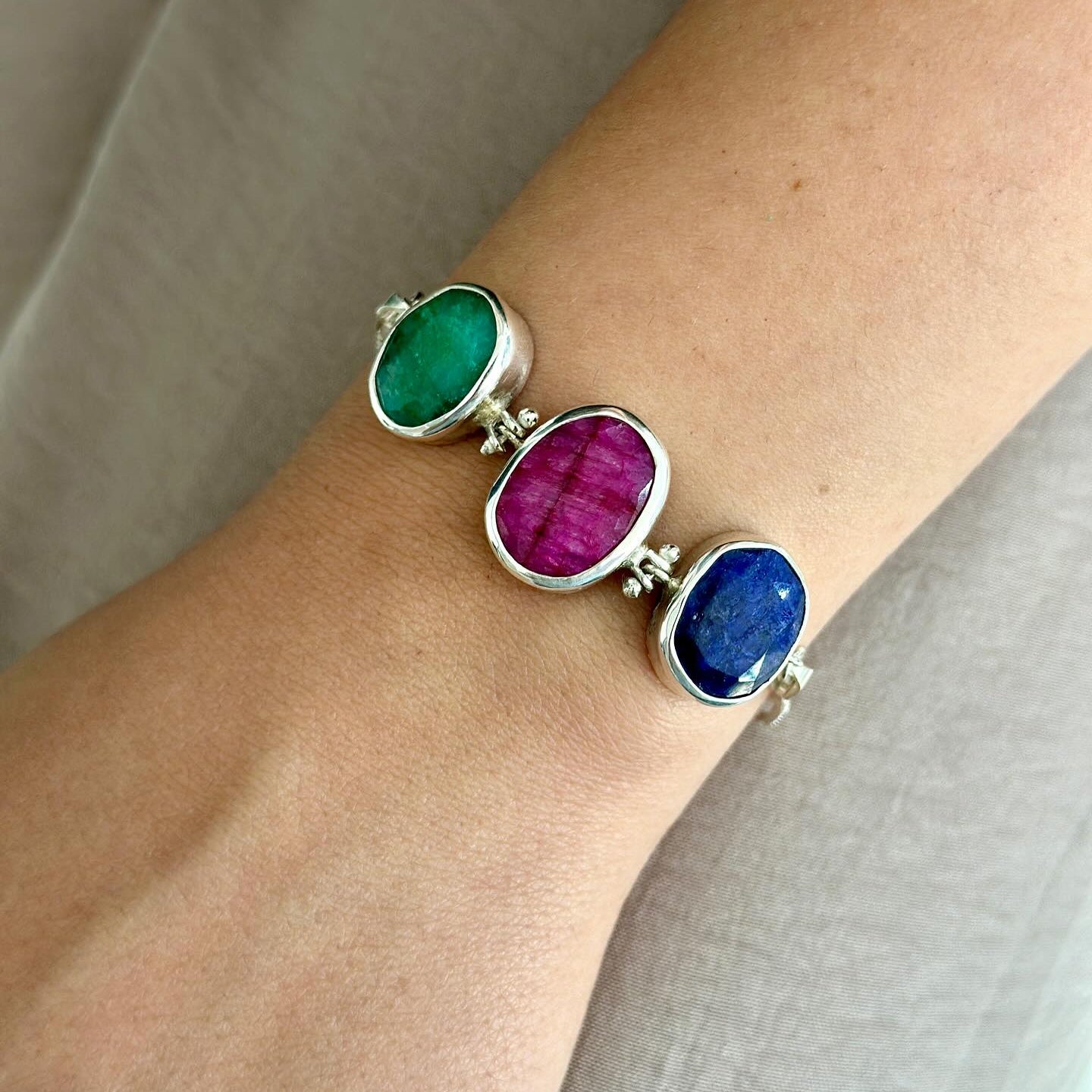Ruby, Emerald & Lapis Lazuli Bracelet – Sterling Silver Gemstone Trio