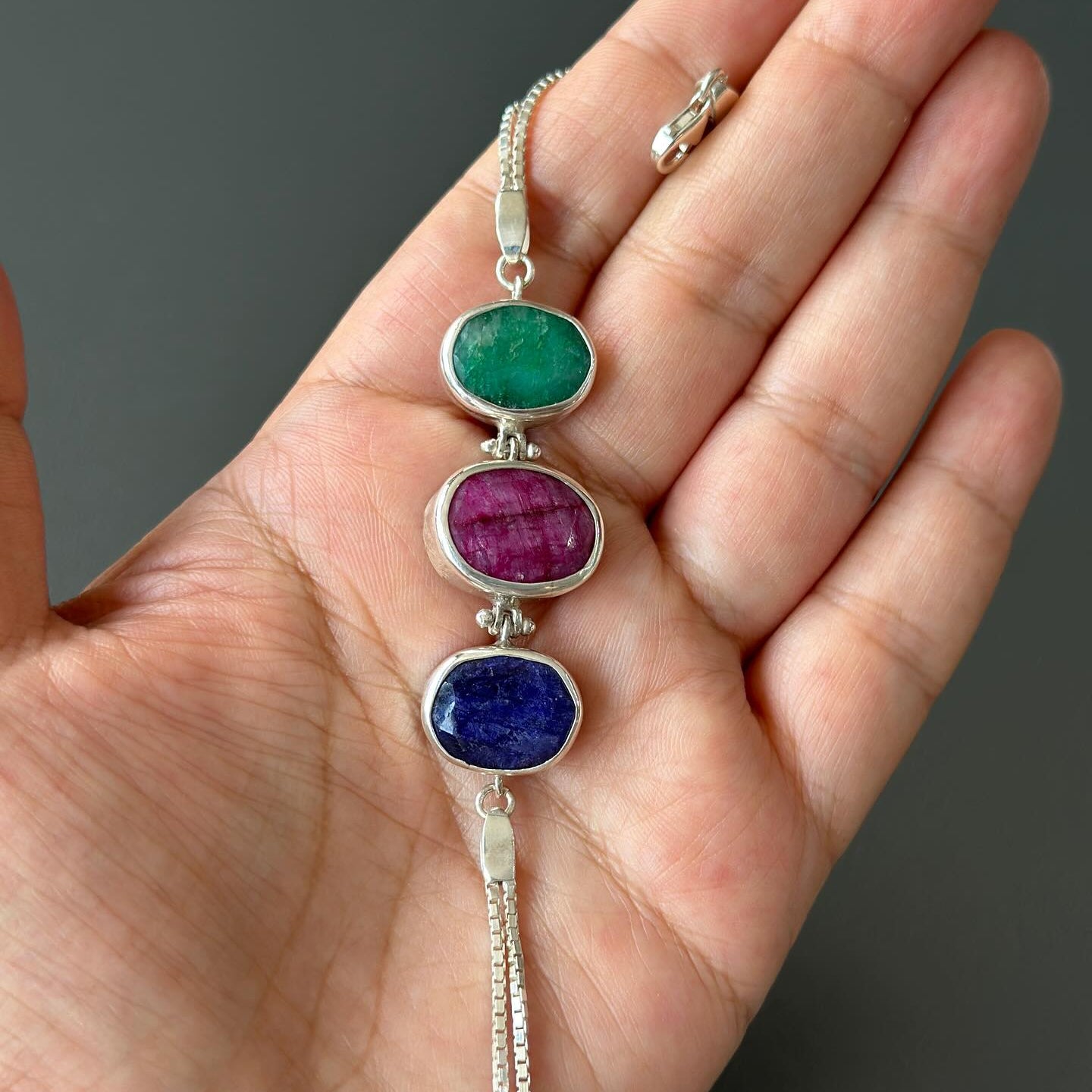Ruby, Emerald & Lapis Lazuli Bracelet – Sterling Silver Gemstone Trio