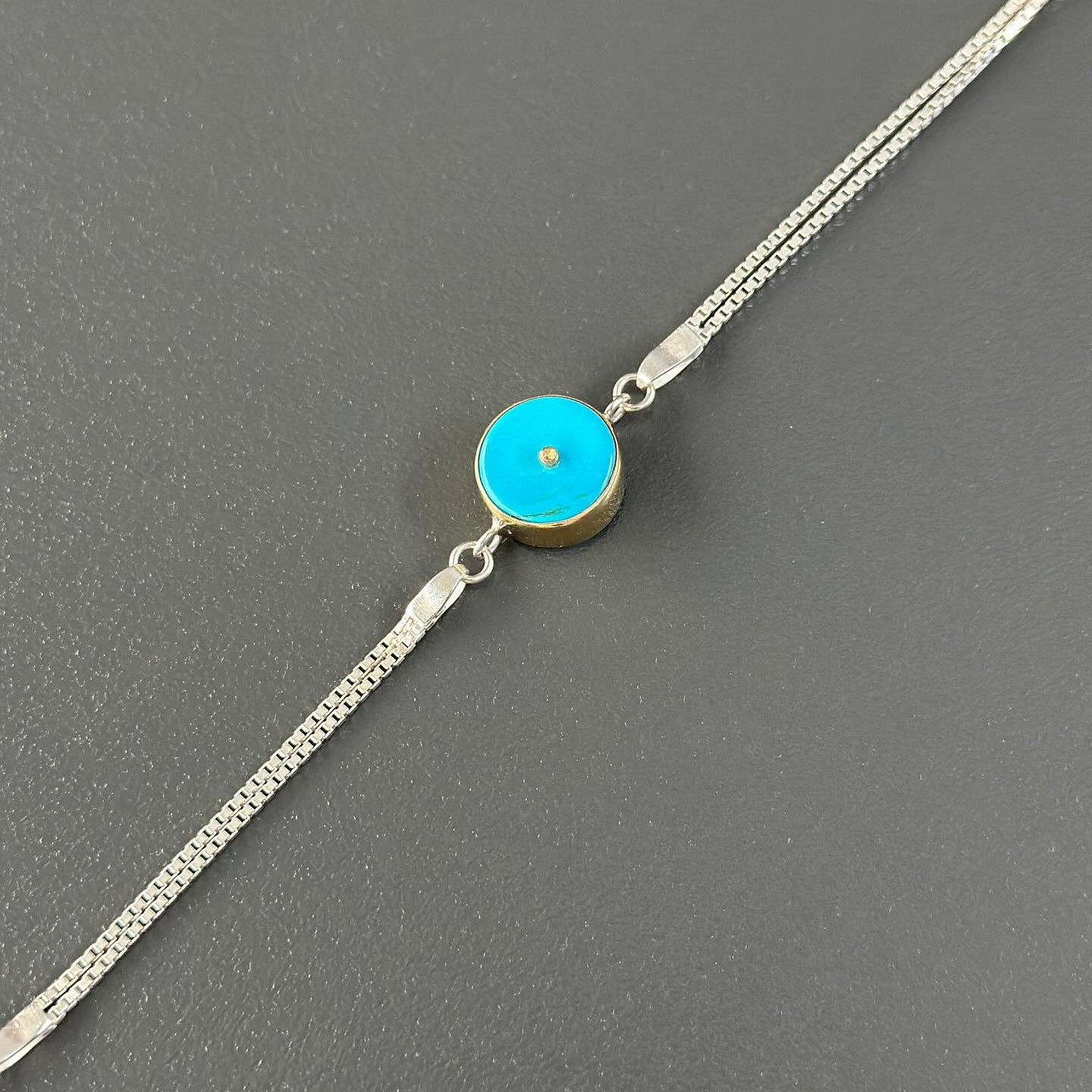 Turquoise Disc Bracelet – Sterling Silver with Gold Detail