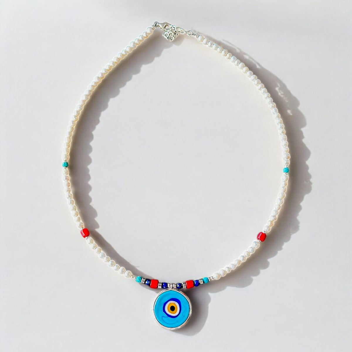 Pearl and Gemstone Necklace with Evil Eye Pendant