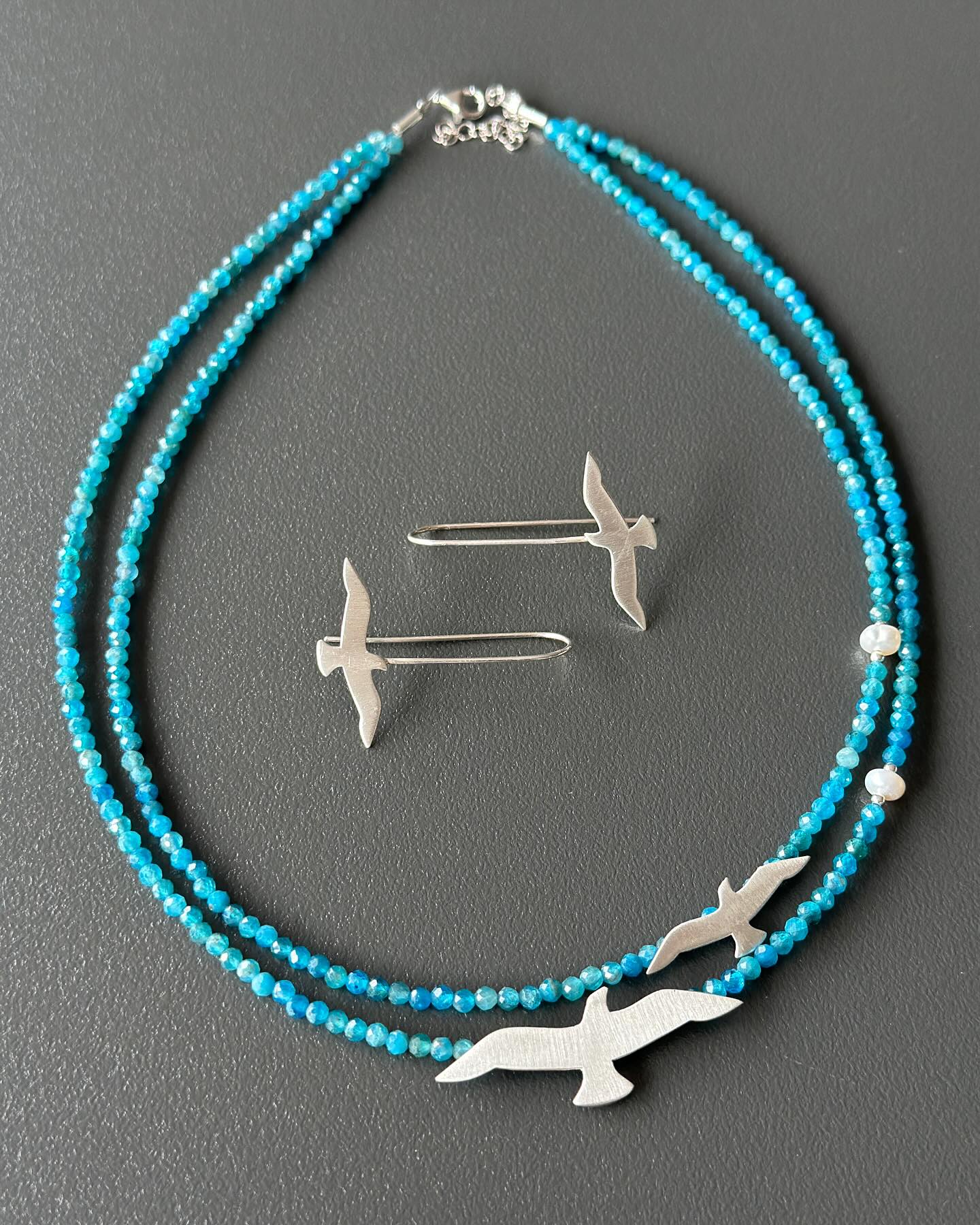 Silver Seagull Earrings and Necklace Set Apatite