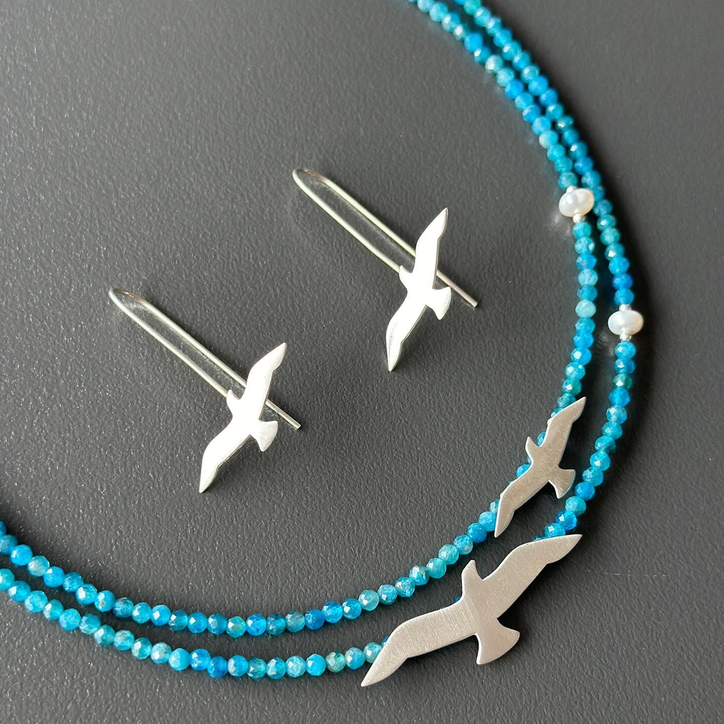 Silver Seagull Earrings and Necklace Set Apatite