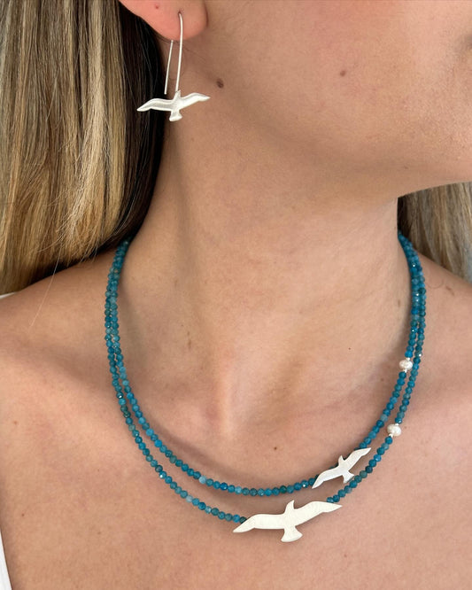 Silver Seagull Earrings and Necklace Set Apatite