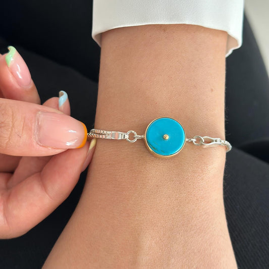 Turquoise Disc Bracelet – Sterling Silver with Gold Detail
