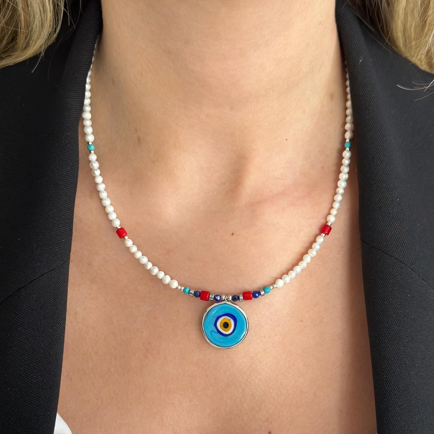 Pearl and Gemstone Necklace with Evil Eye Pendant