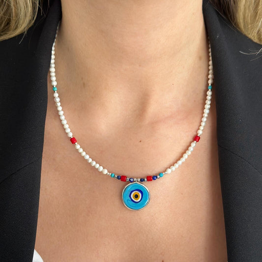 Pearl and Gemstone Necklace with Evil Eye Pendant