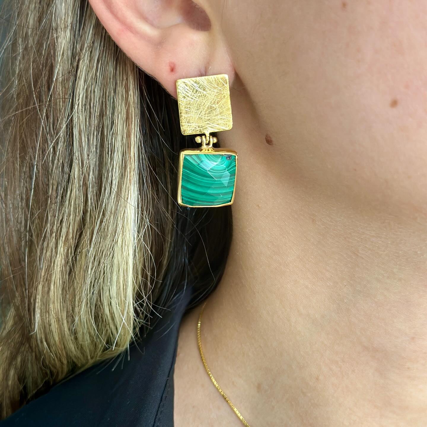 Malachite Square Drop Earrings in Sterling Silver Gold Plated
